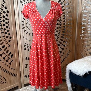 Lovely Day Orange ish/Red and White Polka Dot Midi Dress